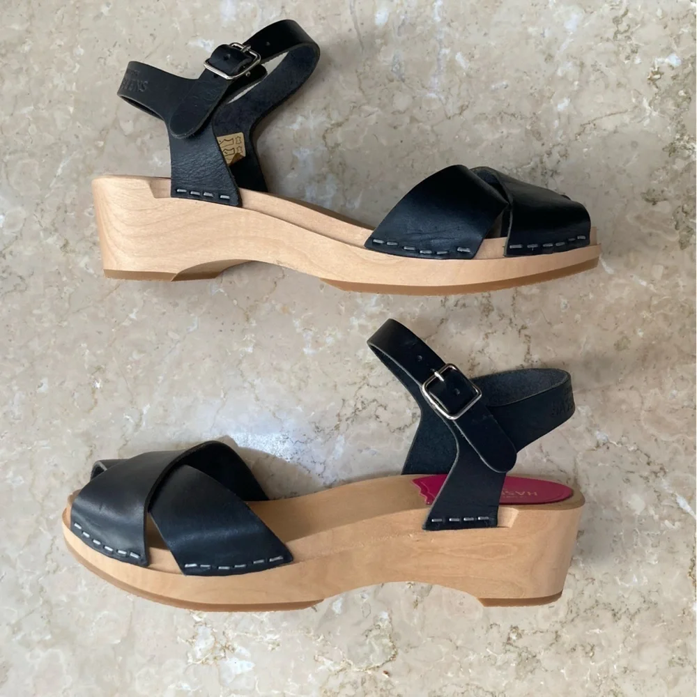 NEW Swedish Hasbeens Mirja Debutant Clog Leather Sandal Heels in Black, Size 36